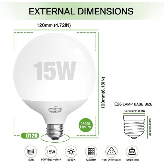 LED Light Bulb, G120 Globe Bulb,15W Globe Light Bulbs, Daylight 5000k Led Bulb, Non-Dimmable, E26 Base Large Decorative Lamp,1100 Lumer, for Indoor Room Lighting (15W No-Dimmable Light)