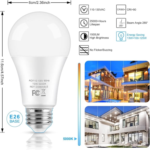 LED Light Bulbs, 100 Watt Equivalent A19, 13W 5000K Daylight White 1500 Lumens Non-Dimmable Bright E26 Edison Medium Screw Bulbs for Home Bedroom Kitchen Living Room Office Lamp, 4-Pack