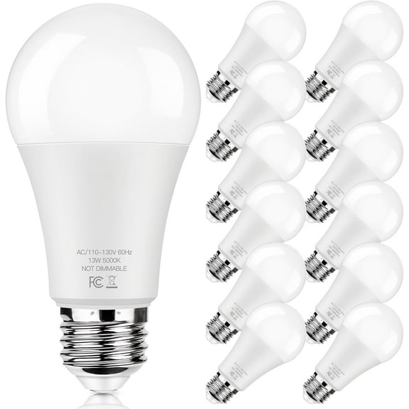 LED Light Bulbs 100W Equivalent 1500 Lumens, A19 13W 5000K Daylight White Non-Dimmable, Super Bright No Flicker Standard E26 Edison Screw Bulbs for Home, Bedroom, Office Lamp, 12-Pack