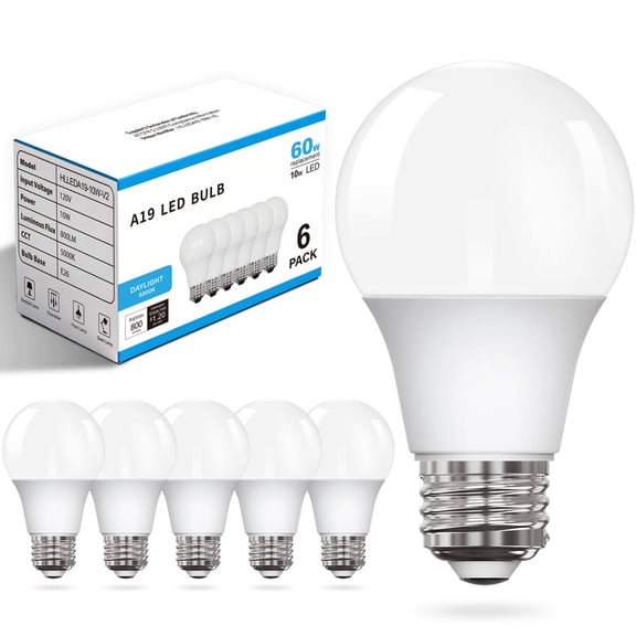 SUNLINKCO A19 LED Light Bulbs Daylight 5000K, 60 Watt Equivalent, Efficient 10W 800 Lumens, E26 Standard Base, Non-Dimmable, Flicker Free (Pack of 6)