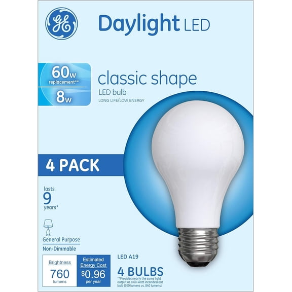 LED Light Bulbs, 60 Watt, Daylight, A19 (4 Pack)