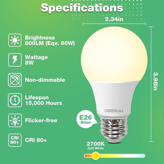LED Light Bulbs, 60 Watt Equivalent LED Bulbs A19, 2700K Soft White, 800 Lumens, E26 Standard Base, Non-Dimmable, 8W Warm White LED Bulbs for Bedroom Living Room, 24 Pack