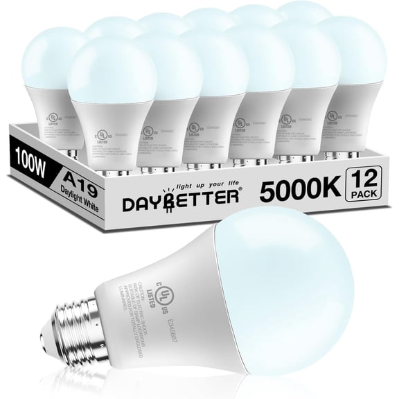 LED Light Bulbs, A19 5000K Daylight Light Bulbs 100 Watt Equivalent, 1500LM Bright White Light Bulbs, E26 Standard Base, Non-Dimmable, 15 Watt Lightbulbs for Home Office, 12 Pack