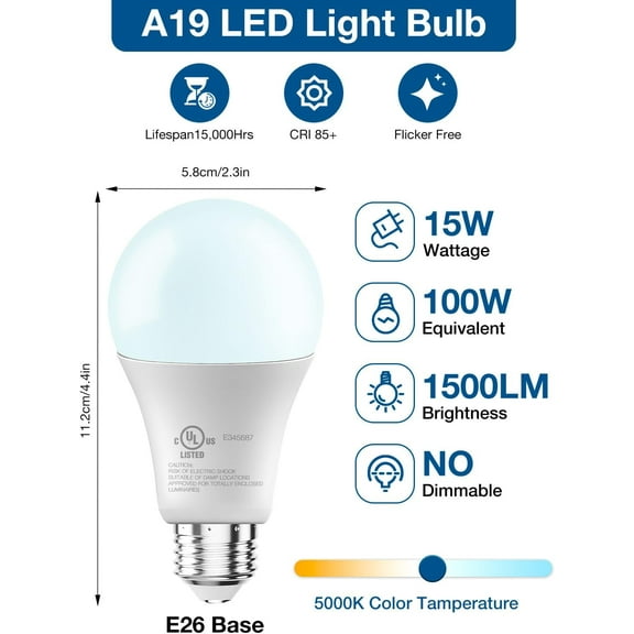 LED Light Bulbs, A19 5000K Daylight Light Bulbs 100 Watt Equivalent, 1500LM Bright White Light Bulbs, E26 Standard Base, Non-Dimmable, 15 Watt Lightbulbs for Home Office, 12 Pack