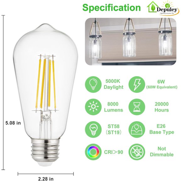 LED Light Bulbs E26: Edison LED Filament Bulbs 6W Equivalent 60W - Vintage Chandelier Lights Bulb 5000K Daylight White - ST58 Clear Glass Bulb 360Omnidirectional Lighting 800LM 90+CRI 12 Pack