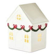 LED Light Up Ceramic Christmas Cottage, Resin Winter Cabin Decor, Battery Powered Glowing House Statue for Indoor Mantel Table Window Holiday Decoration GiftWhite