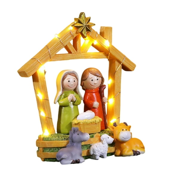 LED Light Christmas Table Decors Nativity Scene Figures Resins Religious Ornament Holiday Display for Room and Office