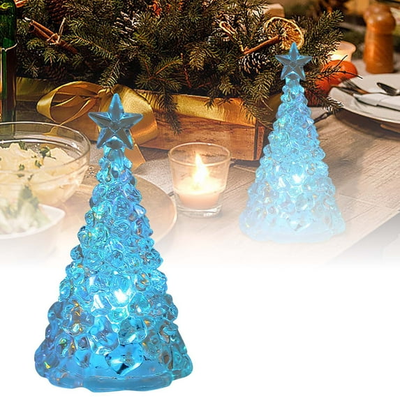 LED Light Up Christmas Tree Decorations - Color Changing Table Lamp with Glitter Acrylic Base, Mini Battery Operated Night Light for Xmas Holiday Home, Office, Bedroom Tabletop Decor