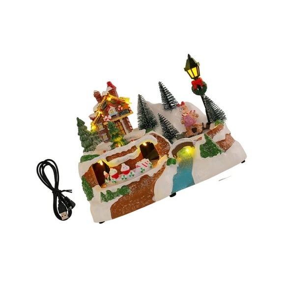 LED Light Christmas Village Scene with Rotating Train Collection Figurines