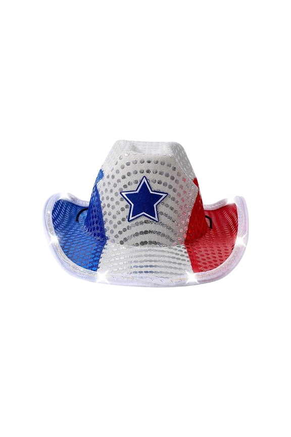 LED Light Up Cowboy Hat, LED Flashing Patriotic Cowboy Hat with Red White Blue Sequins Independence Day Holiday Accessories - Unisex (Sequin, Red/White/Blue)