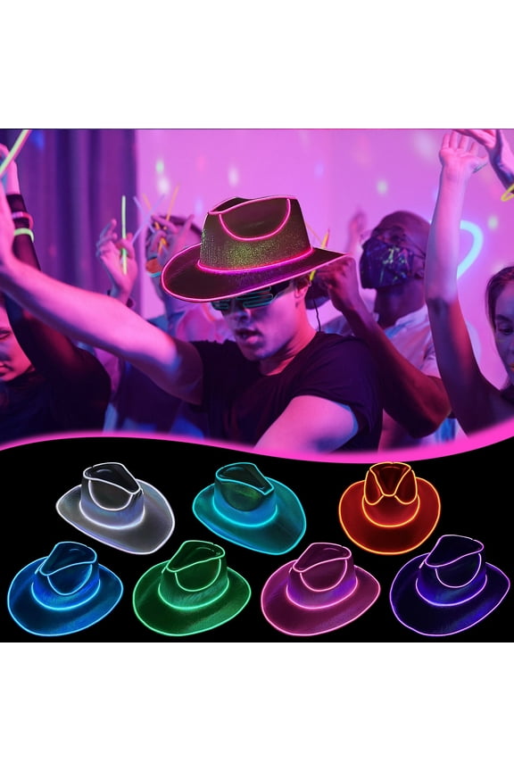 LED Light Up Cowboy Hat | Unisex EVA Polyester Felt Glowing Party Accessory | Colorful LED Modes | Steady, Fast, Slow Flash | Large Brim | 22.8-23.6 in Size | 1 Hat + Battery Pack