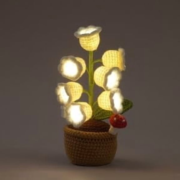 LED Light Crocheted Lily of The Valley - Glowing Potted Knit Flower Home Ambiance Decor, Lily of The Valley Lamp with 7/8/9 Warm LEDs