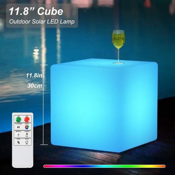 Postlucky Outdoor Solar LED Lamp, 11.8in Cube Waterproof Multicolor Dimmable LED Light for Garden Patio Yard Pool