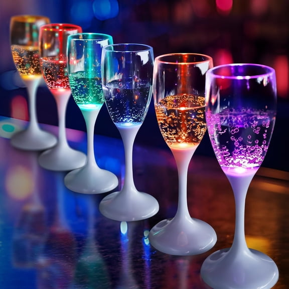 LED Light Up Cups Champagne Flutes Set of 6 Party Favors Adults, Colored Plastic Champagne Flutes Drinking Glasses Glow in the Dark Colorful Glowing Cups for Birthday Christmas Halloween Weddings