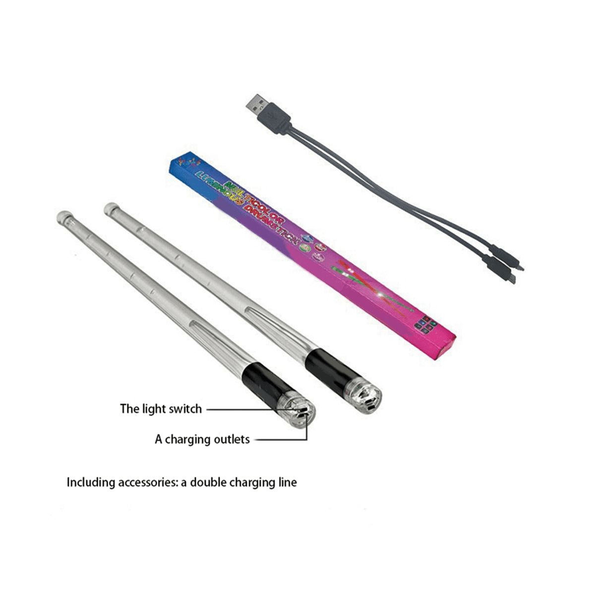 LED Light Emitting Drumsticks 15 Colour Gradient USB Rechargeable+Switch Electronic Drumsticks for Stage Performance