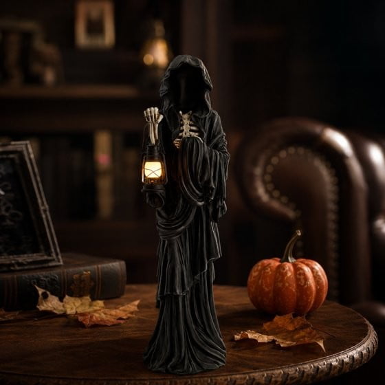 LED Light Up Grim Skeleton Tabletop Figurine, Hand Detailed Fade Resistant Compact Freestanding Decor Statue, Gothic Accent Ornament for Home Office Kitchen Shelf Mantel Display