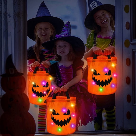LED Light Up Halloween Candy Bag, Reusable Multipurpose Halloween Party Bucket, Battery Operated Spooky Themed Trick Or Treat Pail for K*ids Halloween Supplies Favors Party Gift