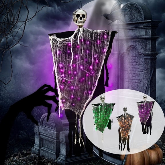 LED Light Up Hanging Skull Ghost Ornament, Tattered Gauze Ghost Pendant with Two Light Modes, Scary Prop for Halloween Party, Yard, Tree, Porch and Ghost House Decoration, Orange