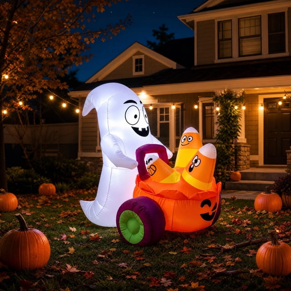 LED Light Inflatable Ghost Pumpkin Carriage, Quick Inflate Waterproof Outdoor Decor, Complete Stake Rope Storage Kit, for Front Lawn Yard Halloween Party Display