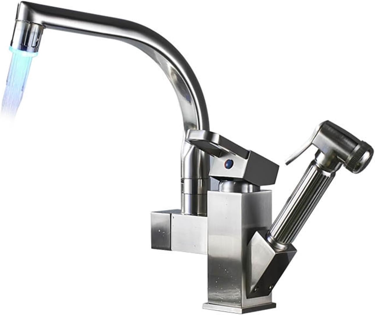 LED Light Kitchen Faucet Mixer Tap Single Handle Two Swivel Spouts Kitchen Hot Cold Water Tap Pull Out Flushing Spray Tap
