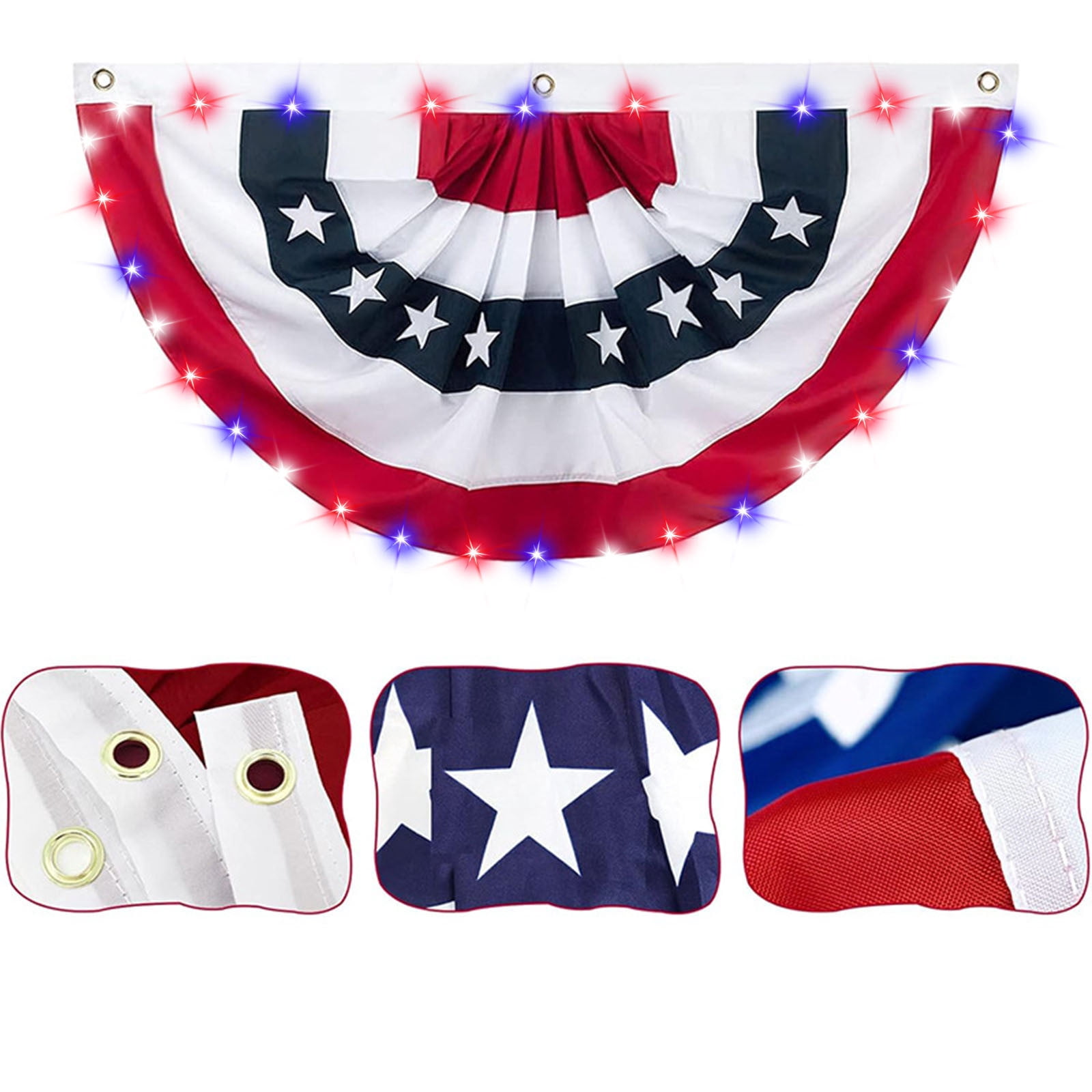 LED Light Patriotic Bunting Flag, USA Pleated Fan Flag for 4th of July Decorations, Outdoor Garden Porch Yard Decor, Nylon Weather-Resistant Banner