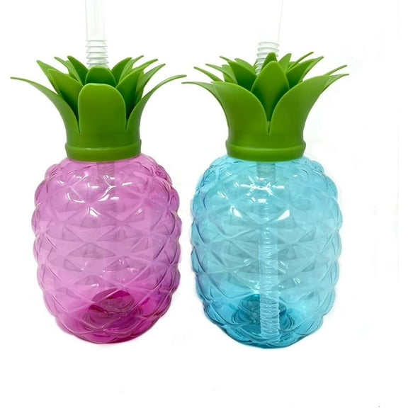 LED Light Up Pineapple Luau Yard Party Cups - 2 Pack - for Margaritas, Cold Drinks, Frozen Drinks, Fun Drinks, Kids Parties - Light Up Tumbler With Straw