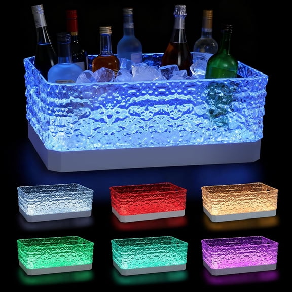 LED Light Up Plastic ice buckets for parties 15L large Clear beverage tub 7-color LED light ice buckets For Champagne Beer Cocktails Family Gathering Bar Nightclub Essential (Ice Texture)