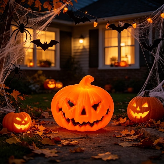 LED Light Up Pumpkin Lamp, Battery Operated Halloween Jack-O'-Lantern Light Decor, Warm Flickering LED Tabletop Ornament for Spooky Party and Home House Dcor