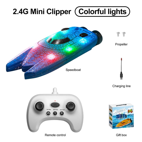 LED Light RC Boat Remote Control Pool Water Toys for Kids Ages 8-12 Adults Lakes Bathtub Toy with Whole Body Waterproof,Low Battery Alarm,2.4Ghz,Control Range 50M,Rechargeable Battery
