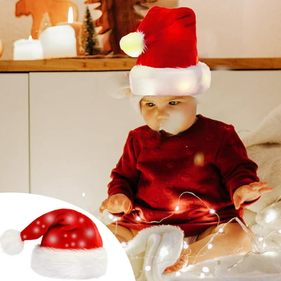 LED Light Up Santa Hat - Battery Operated Flashing Christmas Hat for Adults/Kids, 3 Light Modes, Soft Plush Red Xmas Party Hat for Caroling/Photos (2 Sizes)