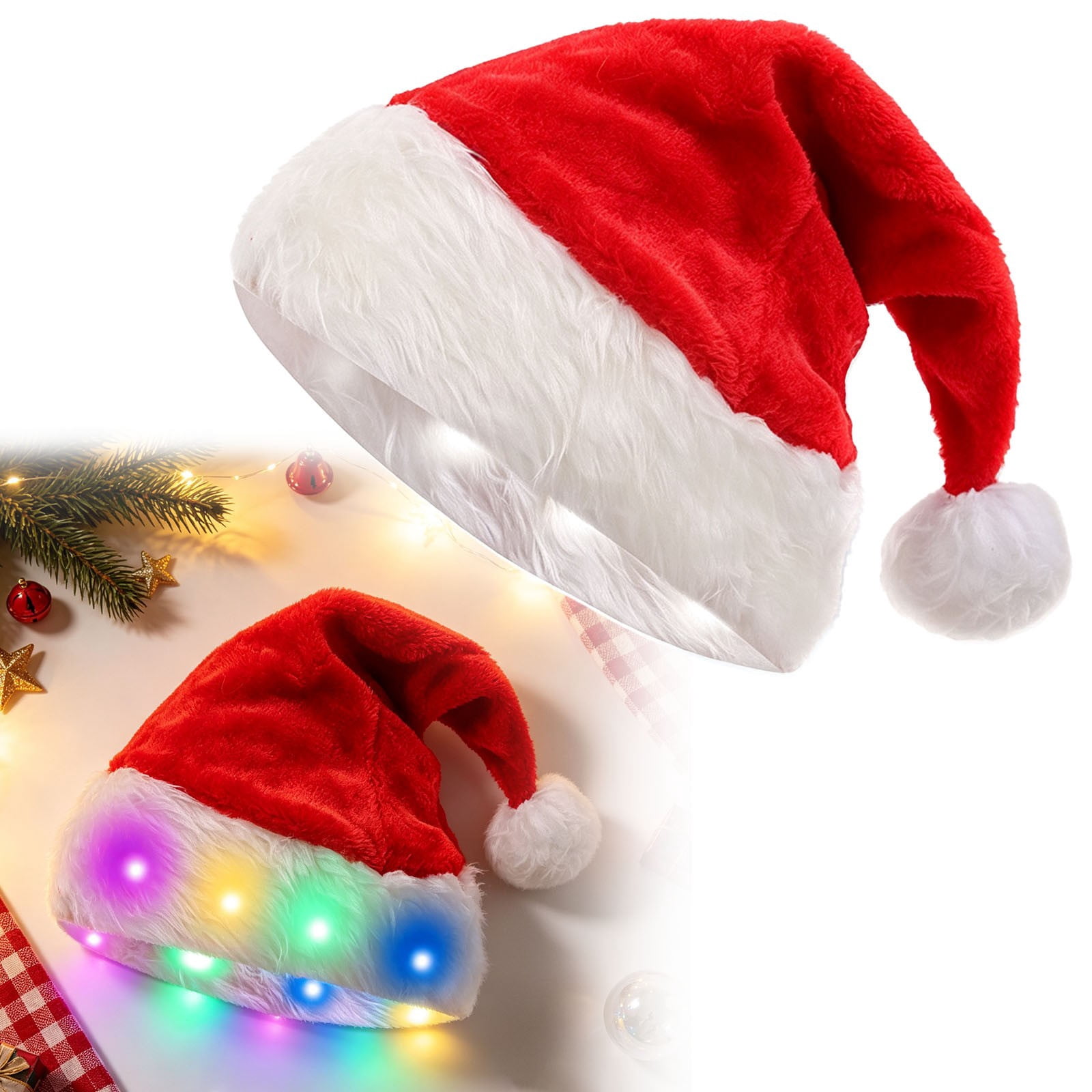 LED Light Up Santa Hat, Glow Christmas Party Hat for Adults, Plush ...