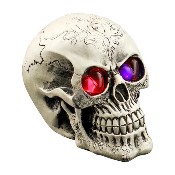 LED Light Up Skull Decor Life Size Resin Skeleton Human Skull Model with Glowing Eyes Skull Head Prop Halloween Tabletop Ornament for Party Bar Home Decoration