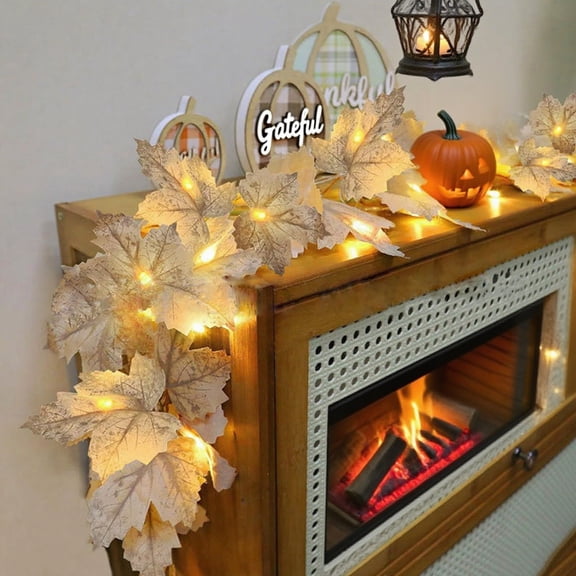 LED Light String Fabric Maple Leaf Rattan 300cm Warm White Fairy Lights for Halloween Thanksgiving Mantel Doorway Window Decoration