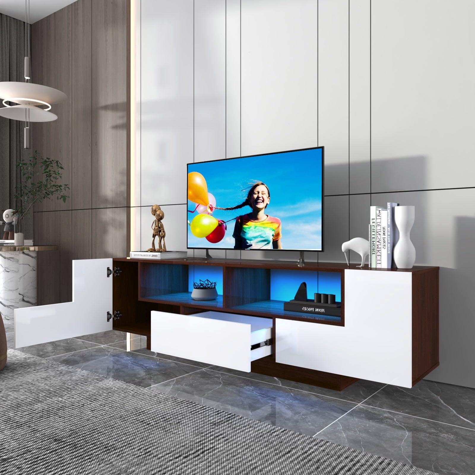 LED Light TV Stand for up to 75" 80" TVs, High Gloss Entertainment Center Meida Console with
