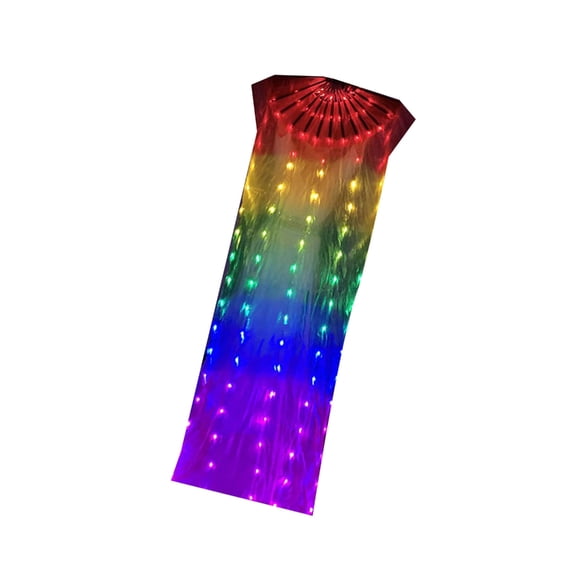 LED Light Up Belly Dance Fan Battery Operated Illuminating Rainbow Long Folding Fan Veil for Festivals and Parties