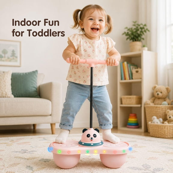 LED Light Up Bounce Hopper Toy with Handle, Cute Panda Animal Balance Bouncer, Pink