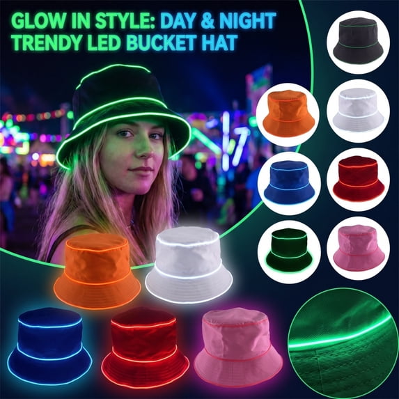 LED Light Up Bucket Hat Glowing Fisherman Hat Neon Party Hat For Festival Rave Concert Night Club Costume, Battery Not Included One Size