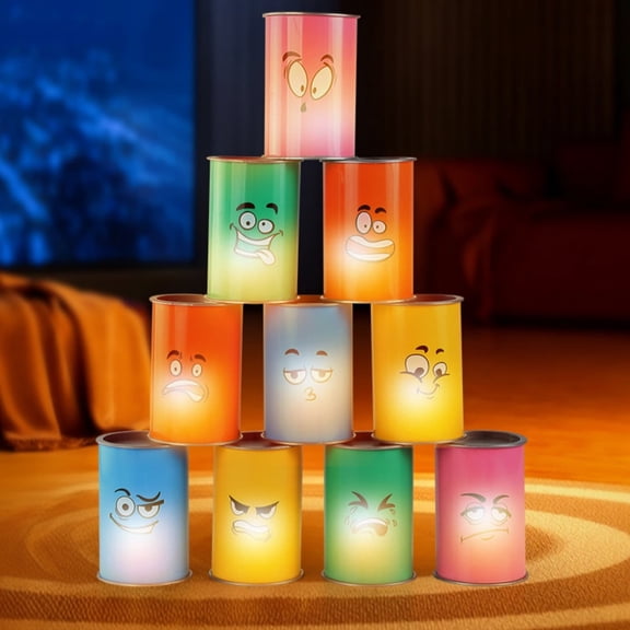 LED Light-Up Can Toss Game Set - 10 Colorful Emoji Cans + 2 Bean Bags for Halloween & Garden Parties