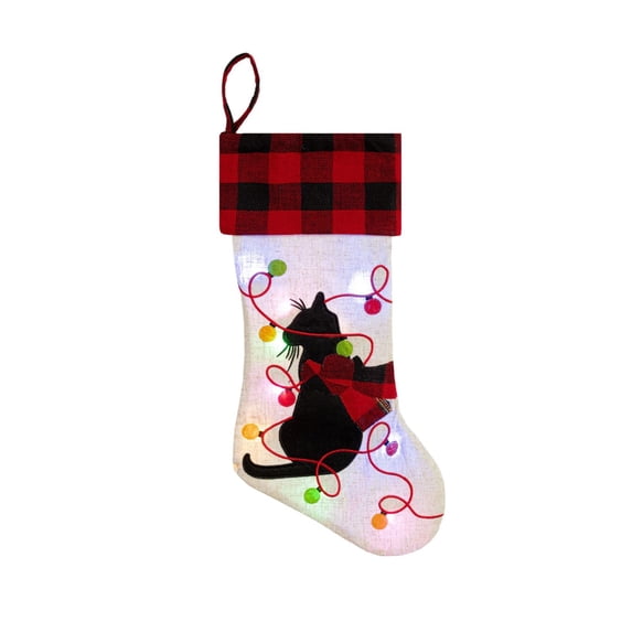 LED Light‑Up Cat Christmas Stocking, Buffalo Plaid Cuff Linen Pet Stocking, Black Cat Tangled Christmas Lights Hanging Ornament, Farmhouse Holiday Decor for Fireplace, Xmas Tree, Pet Lovers