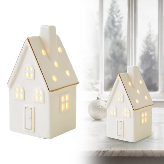 LED Light Up Ceramic Christmas Village House White Porcelain with Battery Operated Glow for Mantel Shelf Decor