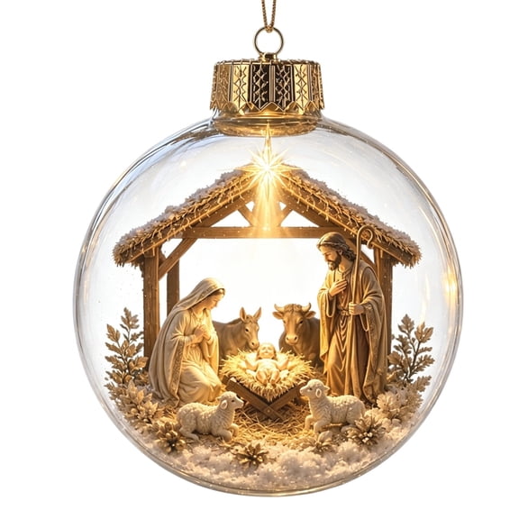 LED Light Up Christmas Ball Ornament, Glowing Mini Nativity Scene Hanging Bauble for Tree, Window & Mantel Decor