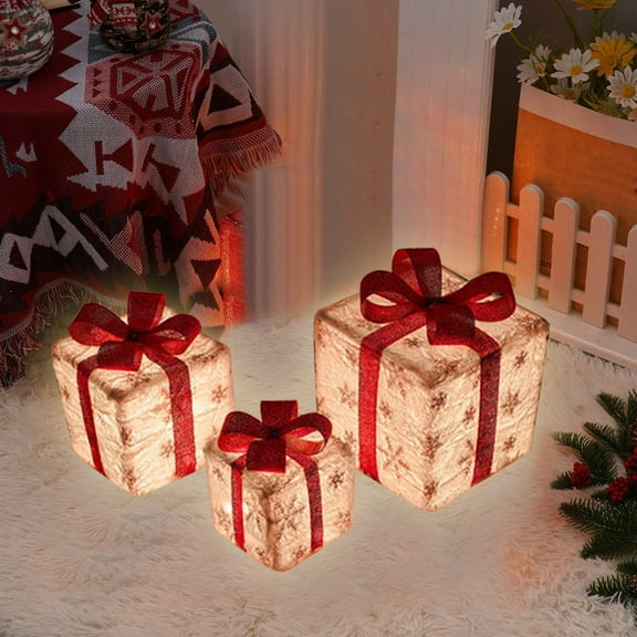 LED Light Up Christmas Boxes, Set of 3 Stackable Present Decorations with Remote Control, Warm White Lights for Indoor Outdoor Holiday Decor(White)