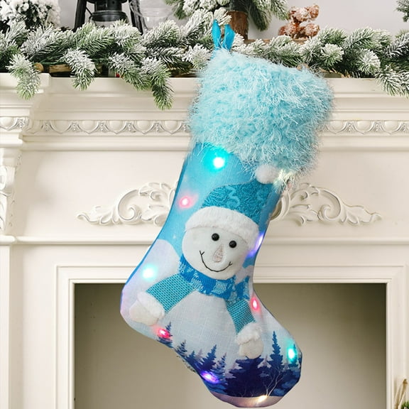 LED Light Up Christmas Stocking 18.5 Inch - Embroidered Linen Holiday Sock for Fireplace Mantel Decor Blue