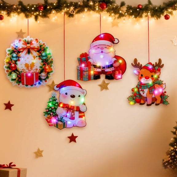 LED Light Up Christmas Window Hanging Decorations Christmas Home Store DIY Colorful Lights Santa Claus Snowman Scene Layout Door Hanging Decoration
