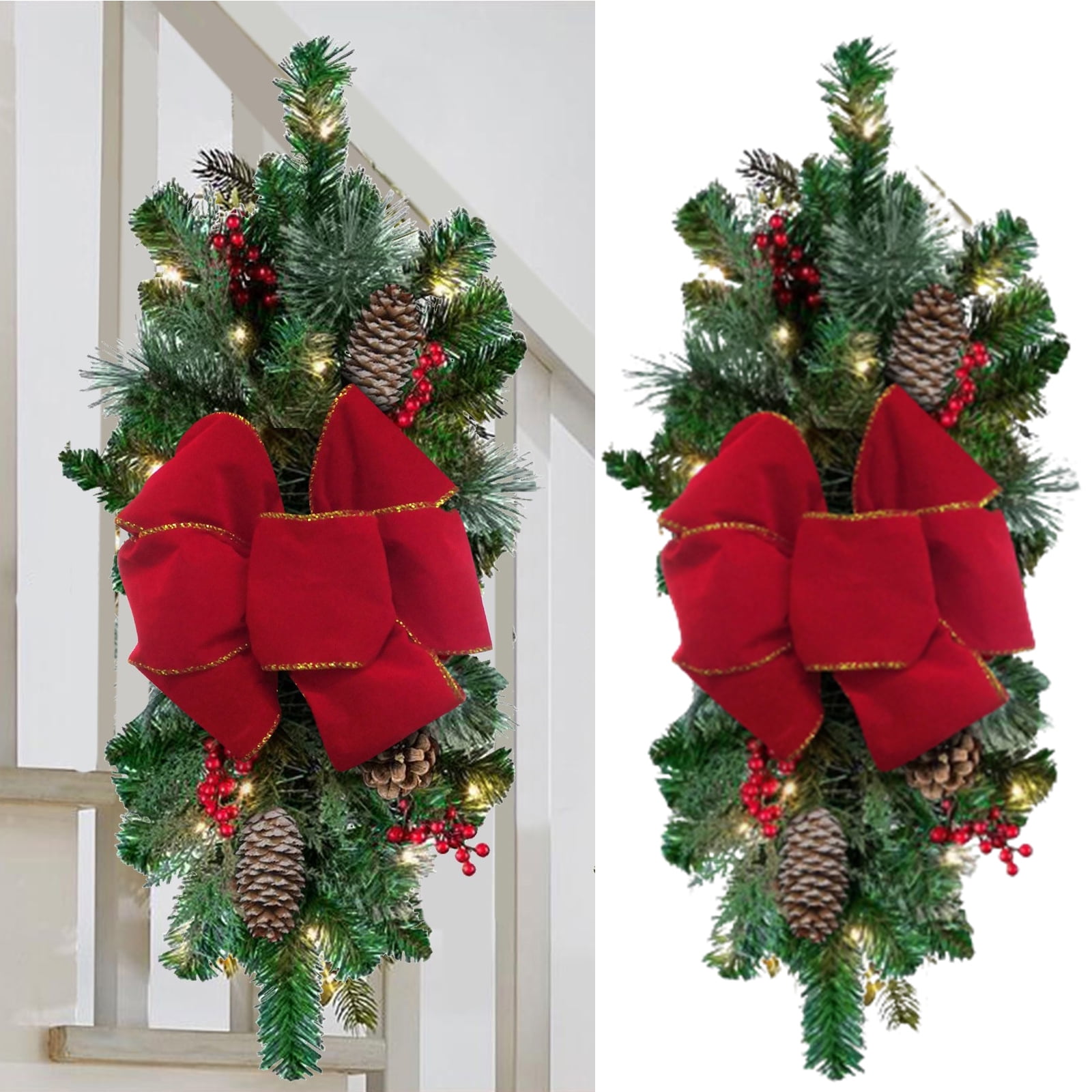 LED Light Up Christmas Wreath with Berries Ribbon Pine Cone Bowknot