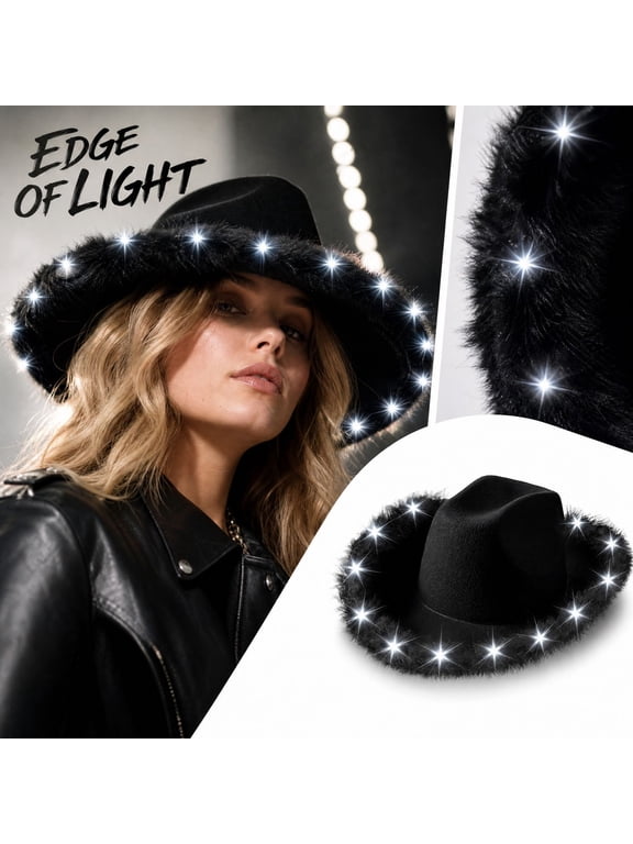 LED Light Up Cowboy Hat for Adults, Black Western Cowboy Hat With Feather Trim, Lighted Party Cowgirl Hat for Holiday Night Event