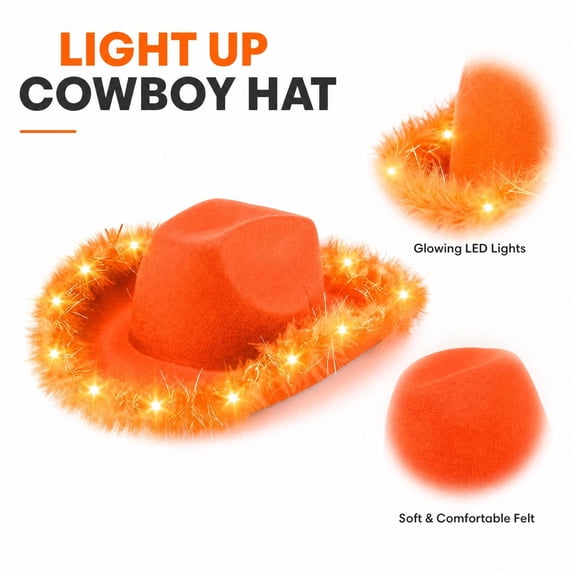 LED Light Up Cowboy Hat for Adults, Orange Western Cowboy Hat With Feather Trim, Lighted Party Cowgirl Hat for Holiday Night Event