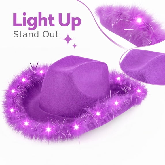 LED Light Up Cowboy Hat for Adults, Purple Western Cowboy Hat With Feather Trim, Lighted Party Cowgirl Hat for Holiday Night Event