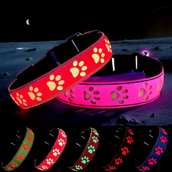 LED Light Up Dog Collar, USB-C Rechargeable, Multicolor Paw Print Design, 15 Modes Lighting Night Safety (Green, XL(19.7-23.6") - 1PCS
