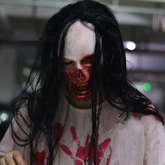 LED Light Up Ghost Mask with Long Hair, Scary Glowing Female Zombie Mask for Halloween Cosplay